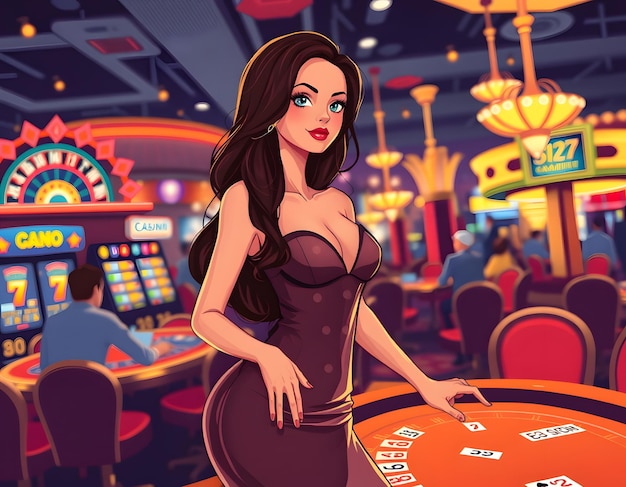 a cartoon of a woman playing a game with a card that says  shes playing cards