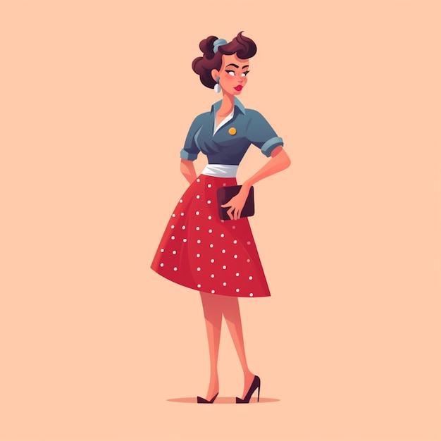 Cartoon woman in a red skirt and blue shirt with polka dots generative ai