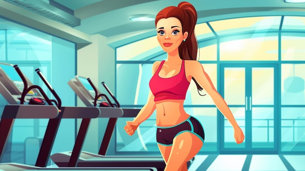 A cartoon of a woman running in a fitness center