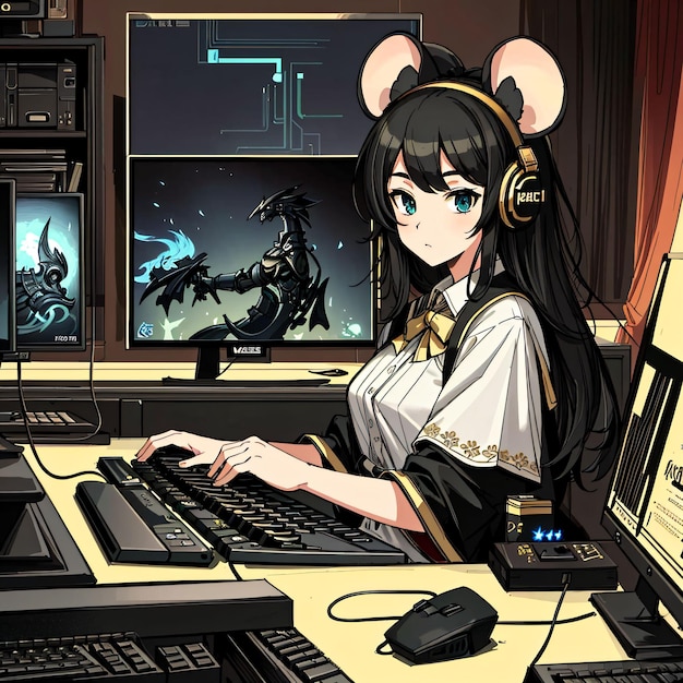 A cartoon of a woman sitting at a computer with a mouse on her head.