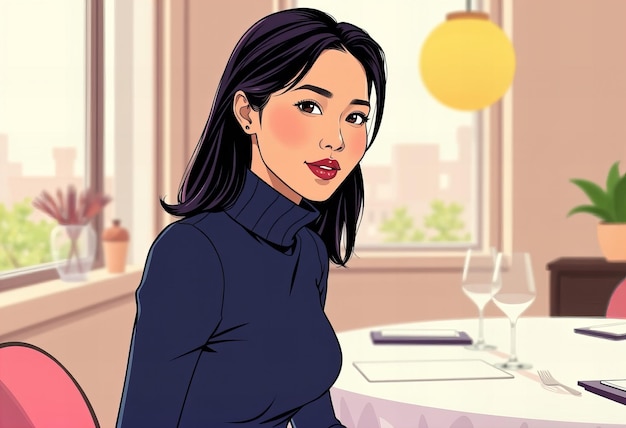 Photo a cartoon of a woman sitting at a table with wine glasses