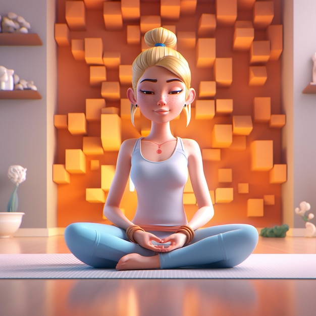 A cartoon of a woman sitting in a yoga pose with a wall behind her that has orange squares on it.