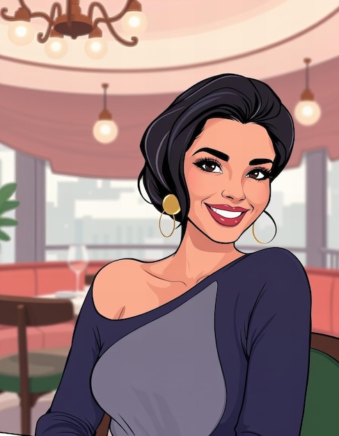 Photo a cartoon of a woman smiling in a restaurant