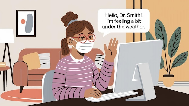 a cartoon of a woman using a computer with the words  hello  on the screen