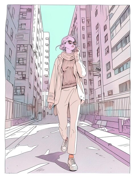 Photo a cartoon of a woman walking down a street with a hat on