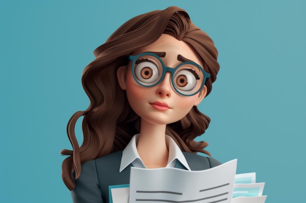 Cartoon Woman Wearing Glasses Reading Book