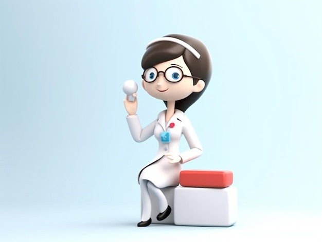 A cartoon of a woman wearing a lab coat and glasses is holding a red and white object.