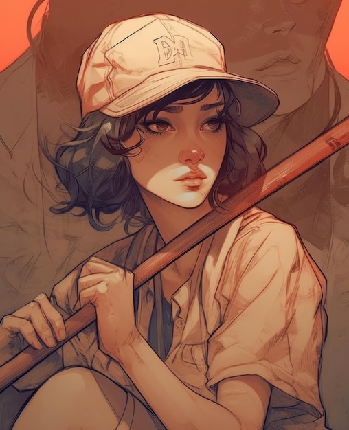 A cartoon of a woman wearing a ny yankees hat and holding a baseball bat.