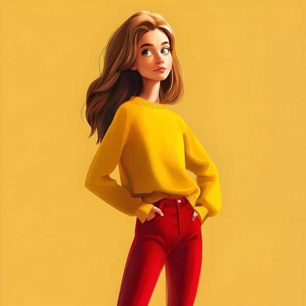 Photo a cartoon of a woman wearing a yellow sweater with her hands on her hips