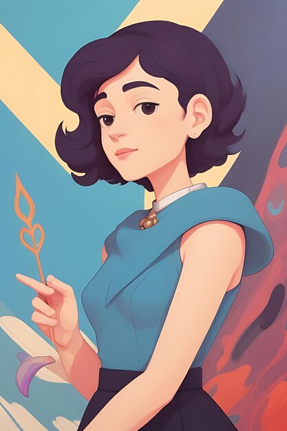 Photo a cartoon of a woman with a blue dress and a blue dress with a gold ring in her hand