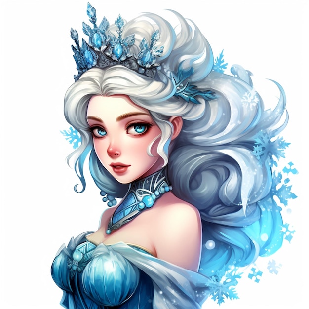 A cartoon of a woman with a blue dress and a crown with the word ice on it.