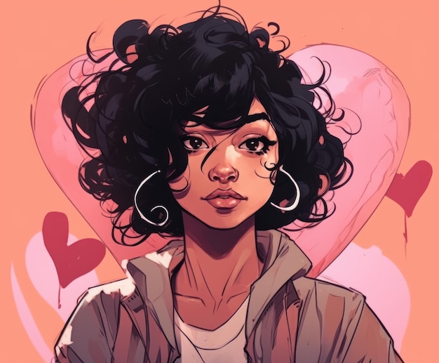 A cartoon of a woman with curly hair and a pink heart behind her.