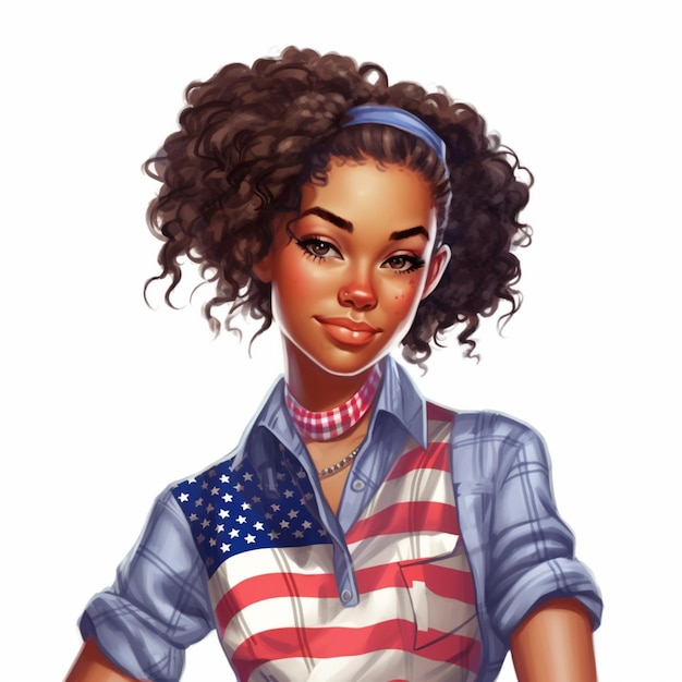 A cartoon of a woman with a flag shirt and a headband generative ai