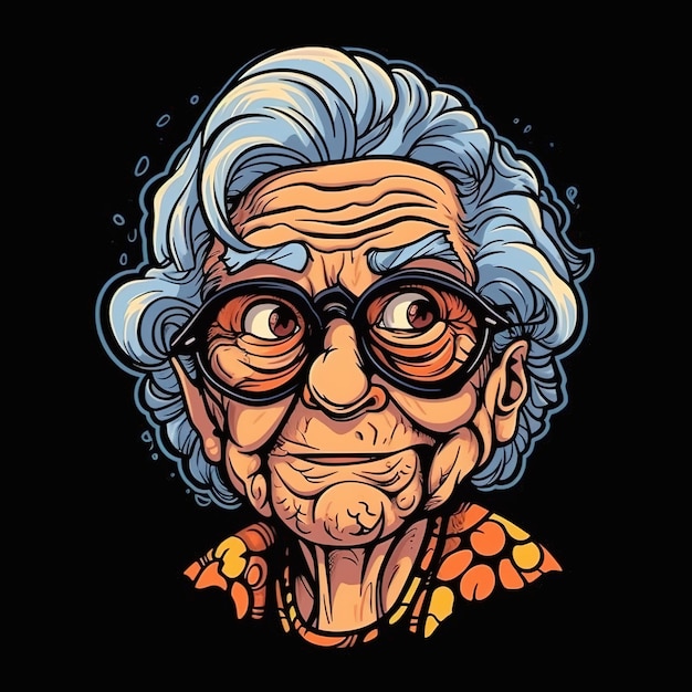 A cartoon of a woman with glasses and a black shirt that says'old lady '