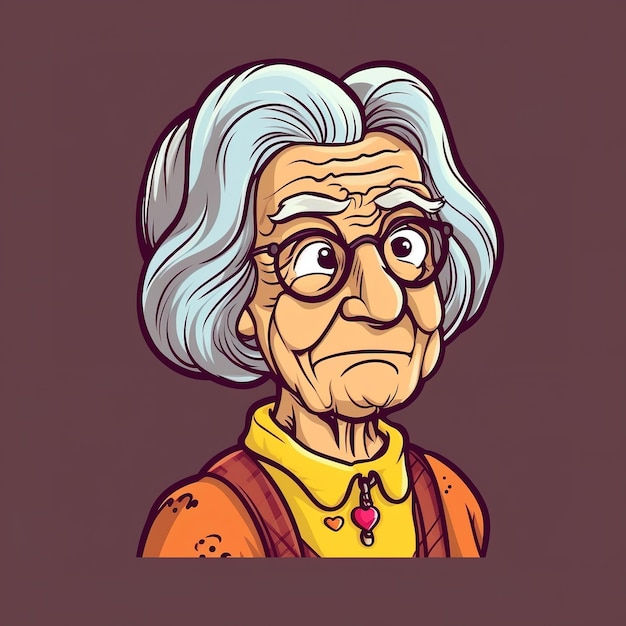 A cartoon of a woman with glasses and a red shirt that says'old lady '