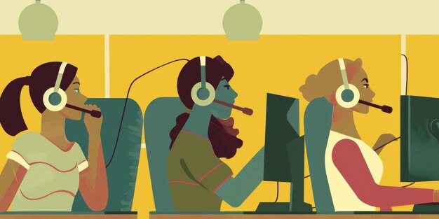 Photo a cartoon of a woman with headphones on and a man with headphones on his head