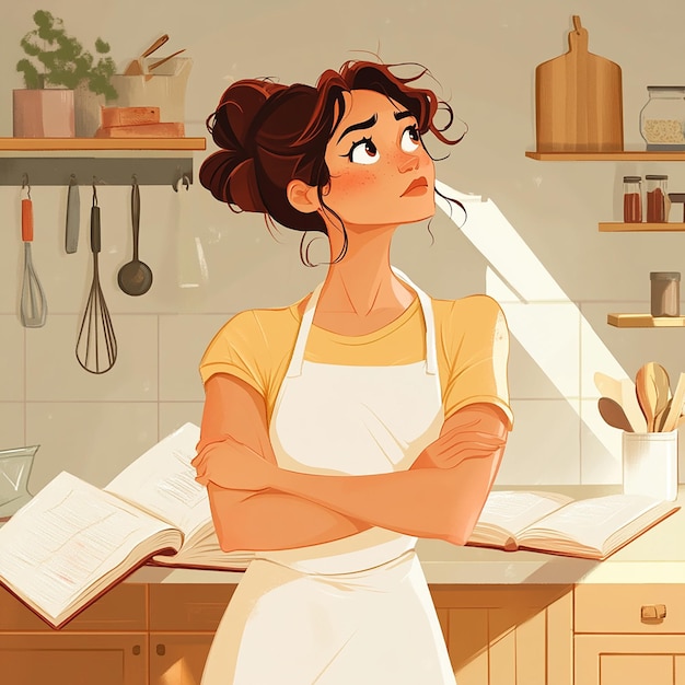 a cartoon of a woman with her arms crossed in front of a kitchen counter with a knife in her hand