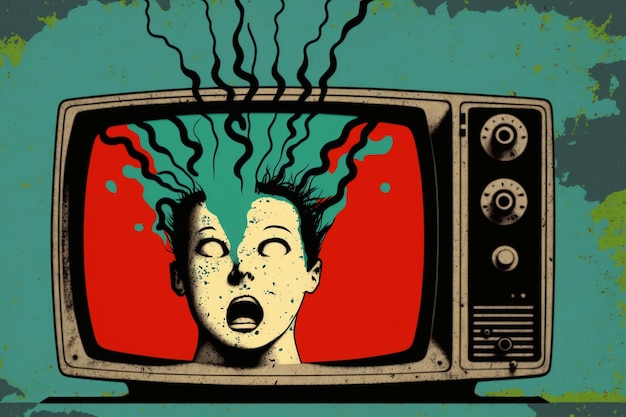 A cartoon of a woman with her head in the screen of a tv.