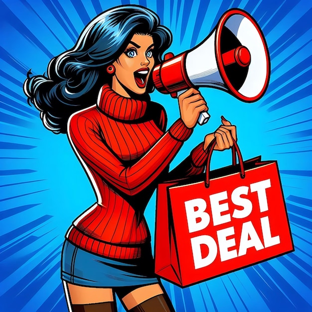 a cartoon of a woman with a megaphone that says best deal