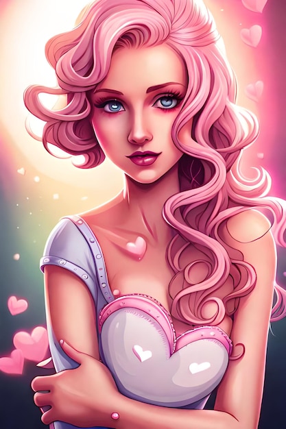 Cartoon of a woman with pink hair and a heartshaped dress