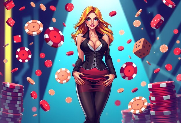 Photo a cartoon of a woman with red dice on her back