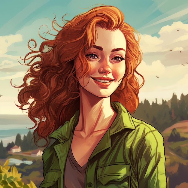 A cartoon of a woman with red hair and a green jacket.