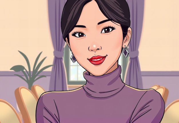 Photo a cartoon woman with a red lips and a purple sweater on the front