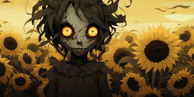 a cartoon of a woman with a scary face and yellow eyes