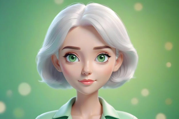 Photo cartoon woman with white hair and green eyes