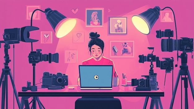 Photo a cartoon of a woman working on a computer with a camera and a picture of a woman working on her computer