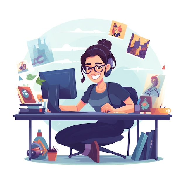 A cartoon of a woman working at a desk with a computer and a picture of a woman on the wall behind her.