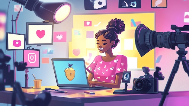 a cartoon of a woman working on a laptop with a picture of a pear on the screen