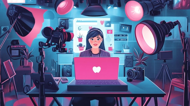 a cartoon of a woman working on a laptop with a pink heart on the screen