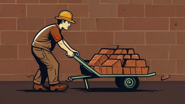 Photo a cartoon of a worker pushing a cart with bricks