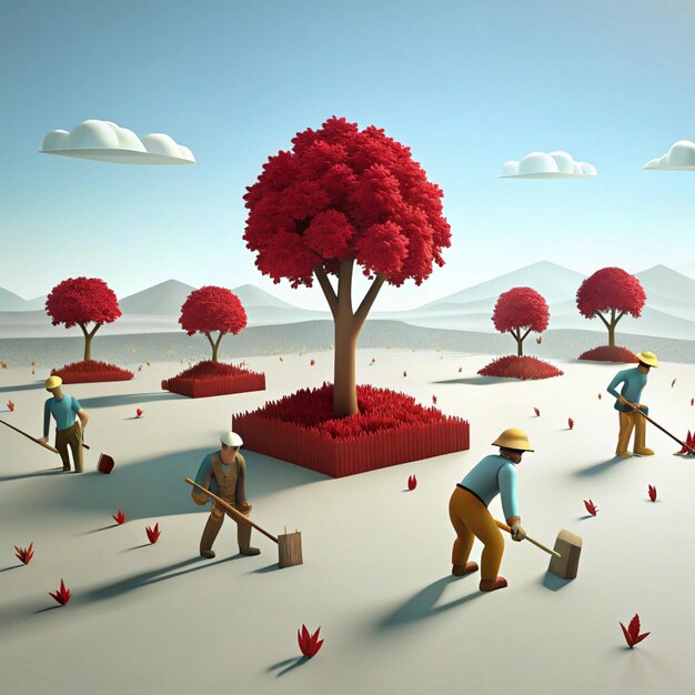 Photo a cartoon of workers digging in a field with trees and a picture of a tree