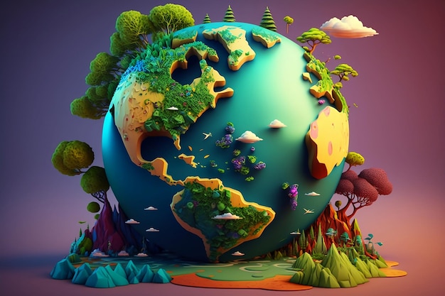 A cartoon world with a green planet and trees on it