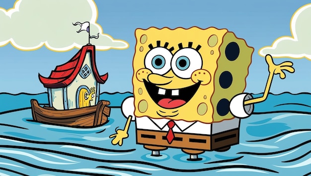 Photo a cartoon of a yellow cartoon character with a boat in the water