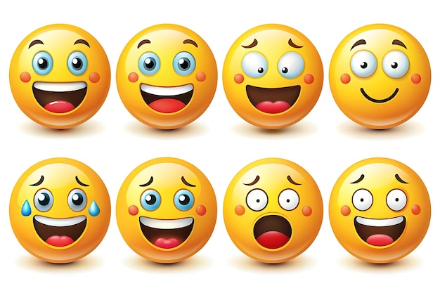 Photo cartoon yellow emoji set expressive funny faces clipart