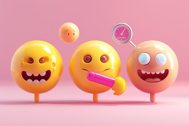 Cartoon yellow emoticons against pink background displaying various facial expressions