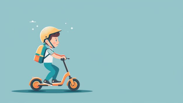 Photo cartoon of a young boy happily riding an electric scooter wearing a helmet and carrying a backpack