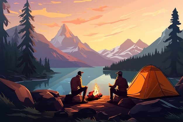 cartoon young couple camping in the mountains