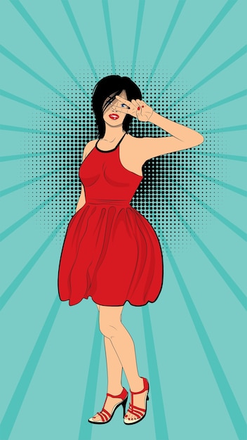 Cartoon young girl in red dress showing two fingers up in peace or victory sign, V letter, retro pop art style