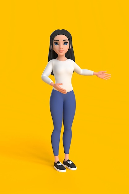 Cartoon young girl in white sweater and jeans on yellow background Woman in minimal style 3D render