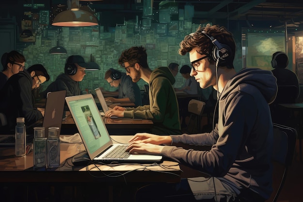 Cartoon young programmers working at night Technology concept