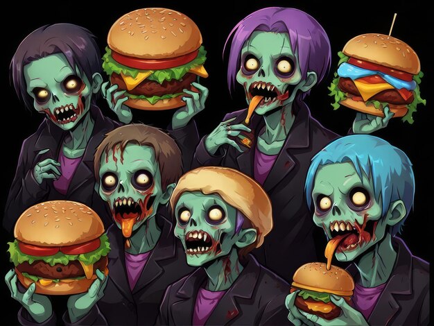 Photo a cartoon of a zombie eating hamburger with a lot of characters on it