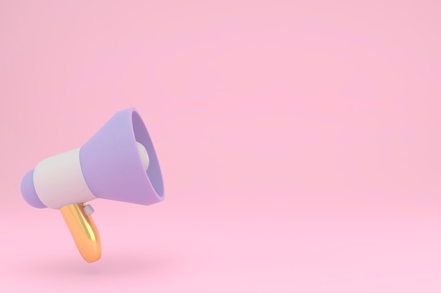 Cartoone megaphone loudspeaker on a pink background Copy space for text 3d render