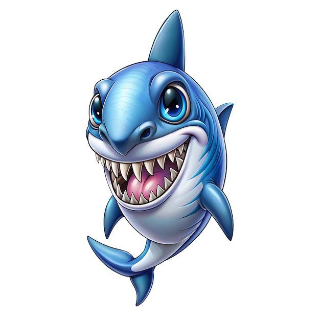 A cartoonish blue shark is depicted with a big grin full of sharp teeth It has large bubbly eyes and a playful expression that seems to invite onlookers into a friendly interaction