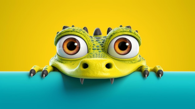 A cartoonish crocodile with large wide eyes leans over a vivid colored edge