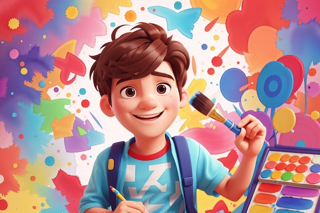 Cartoonish illustration boy and girl painting creativity color palette