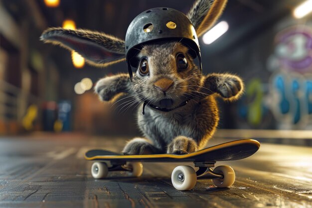 Cartoonish Rabbit on a Skateboard Pulling a Funny Pose While Wearing a Safety Helmet